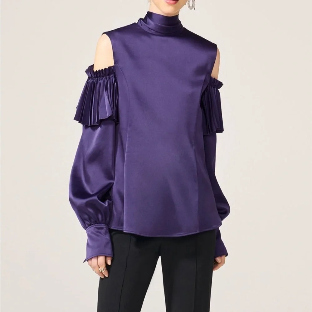 ADEAM Japan Intermix “Ashlee” purple cold shoulder pleated blouse top w ties XS - Picture 3 of 14